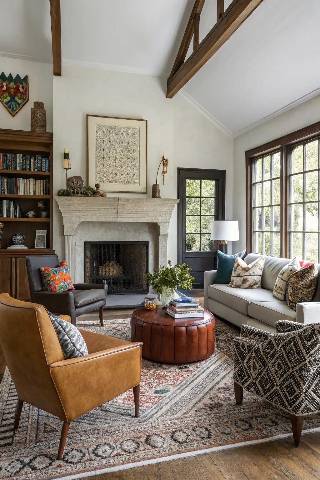 An eclectic asymmetrical living room layout with a fireplace.