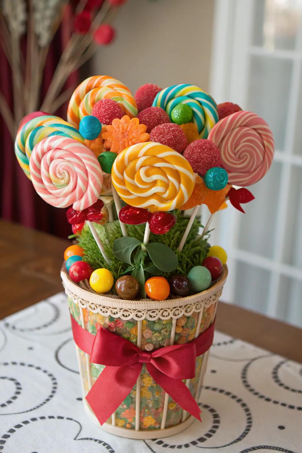 A vibrant candy and lollipop bouquet