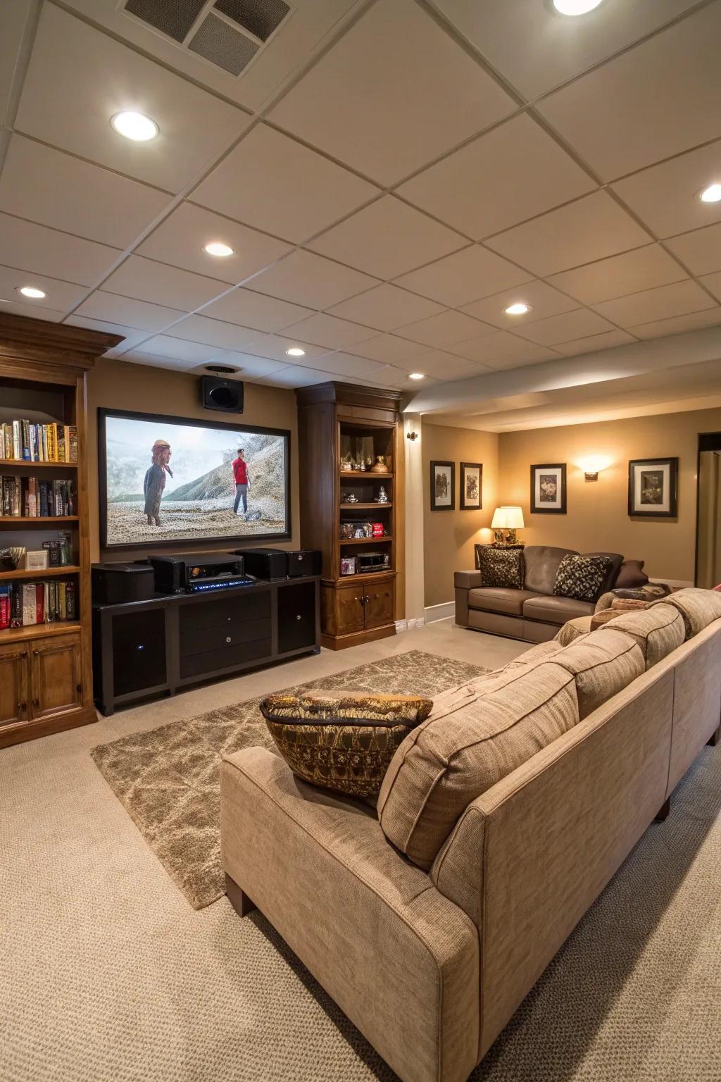 A multifunctional basement setup that maximizes space usage.