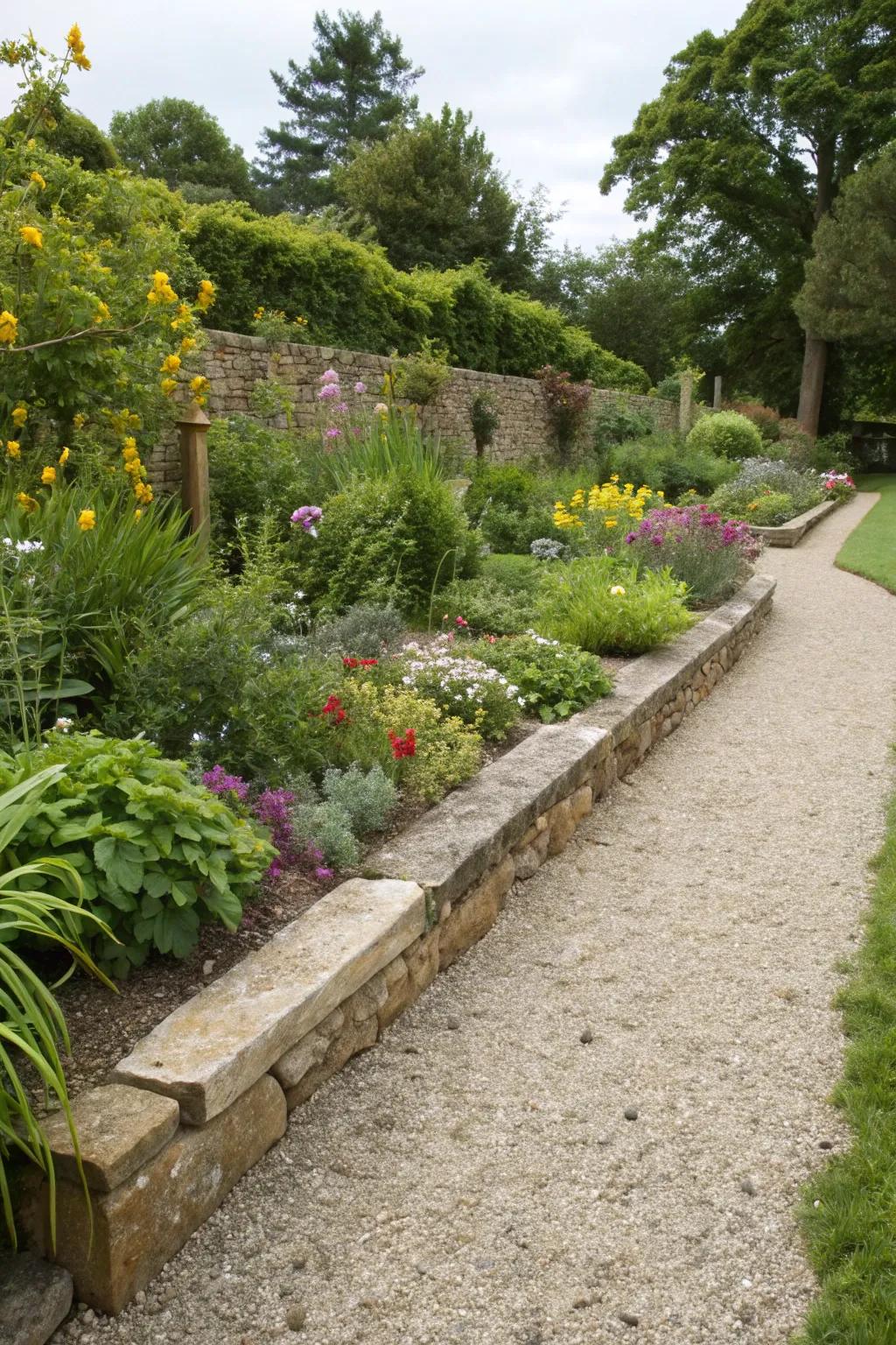 Defined garden spaces created with stone edging for a polished look.