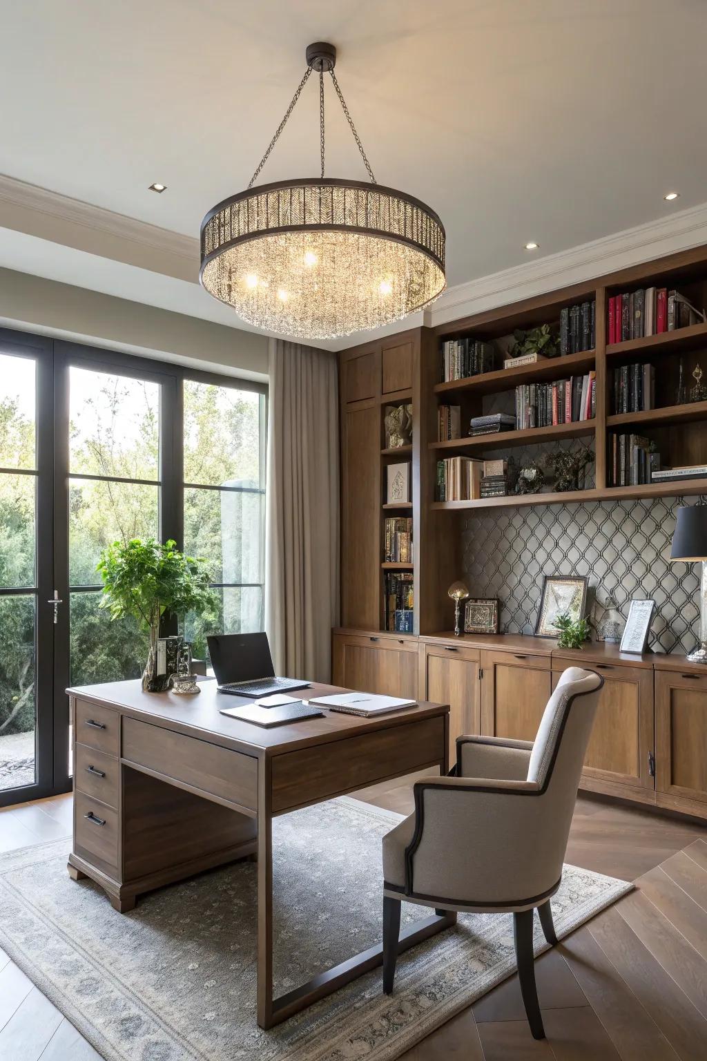 A modern home office with an eye-catching chandelier.