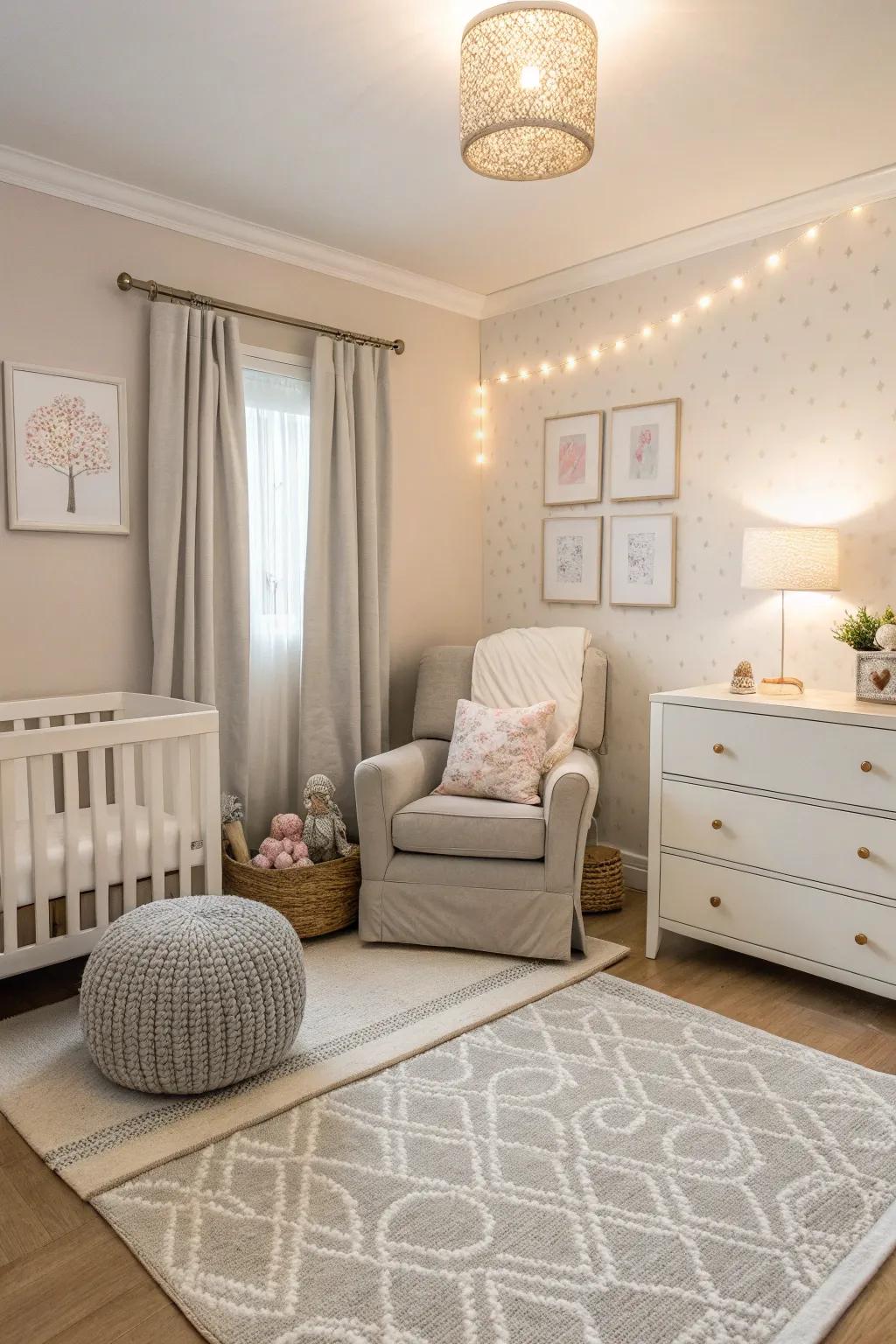A baby room designed with calm, simple colors in cream and gray.