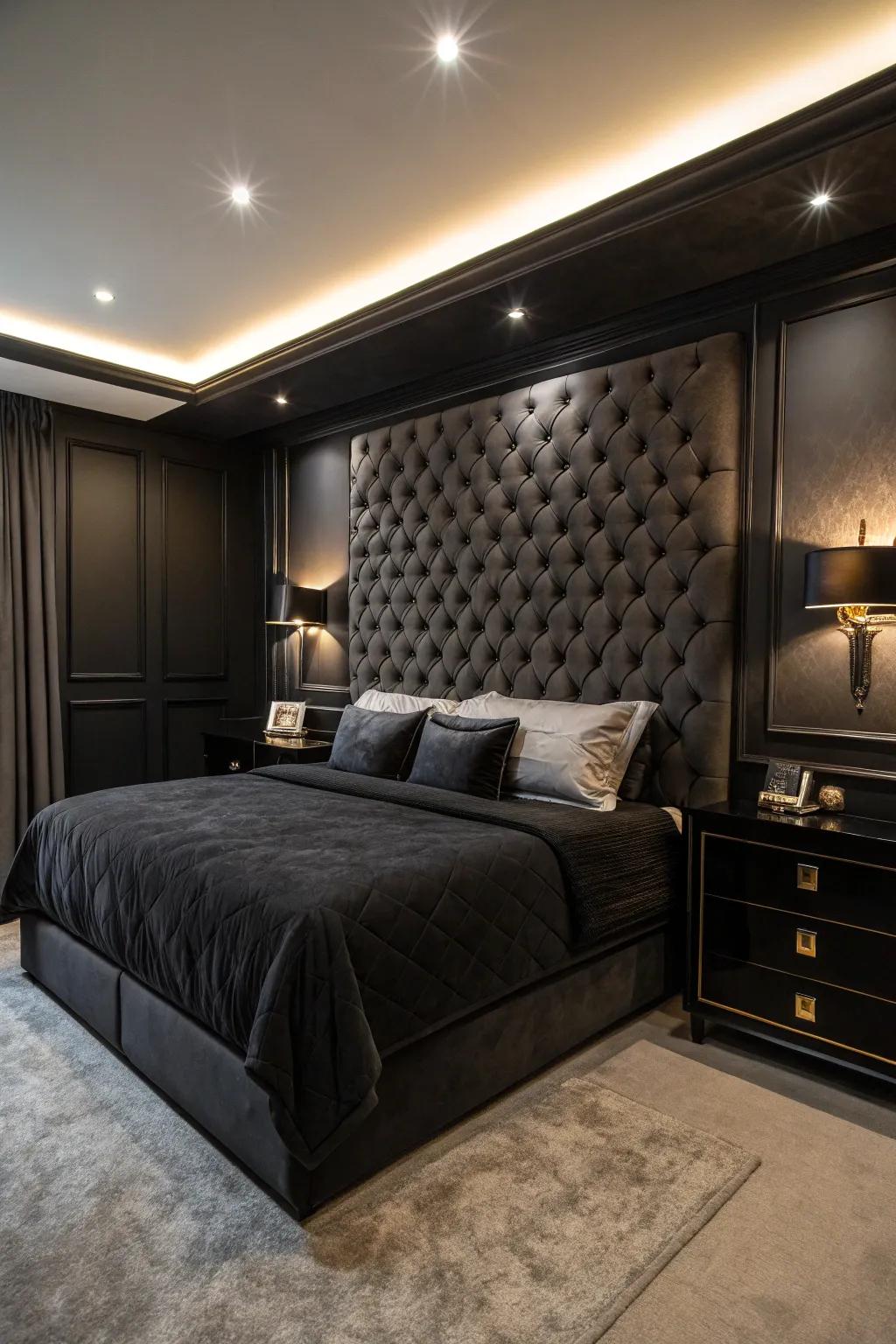 A luxurious, plush headboard serves as the centerpiece of this elegant black bedroom.