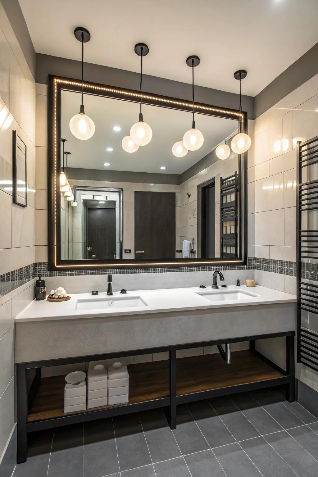 Bold fixtures with a large mirror and statement lighting.