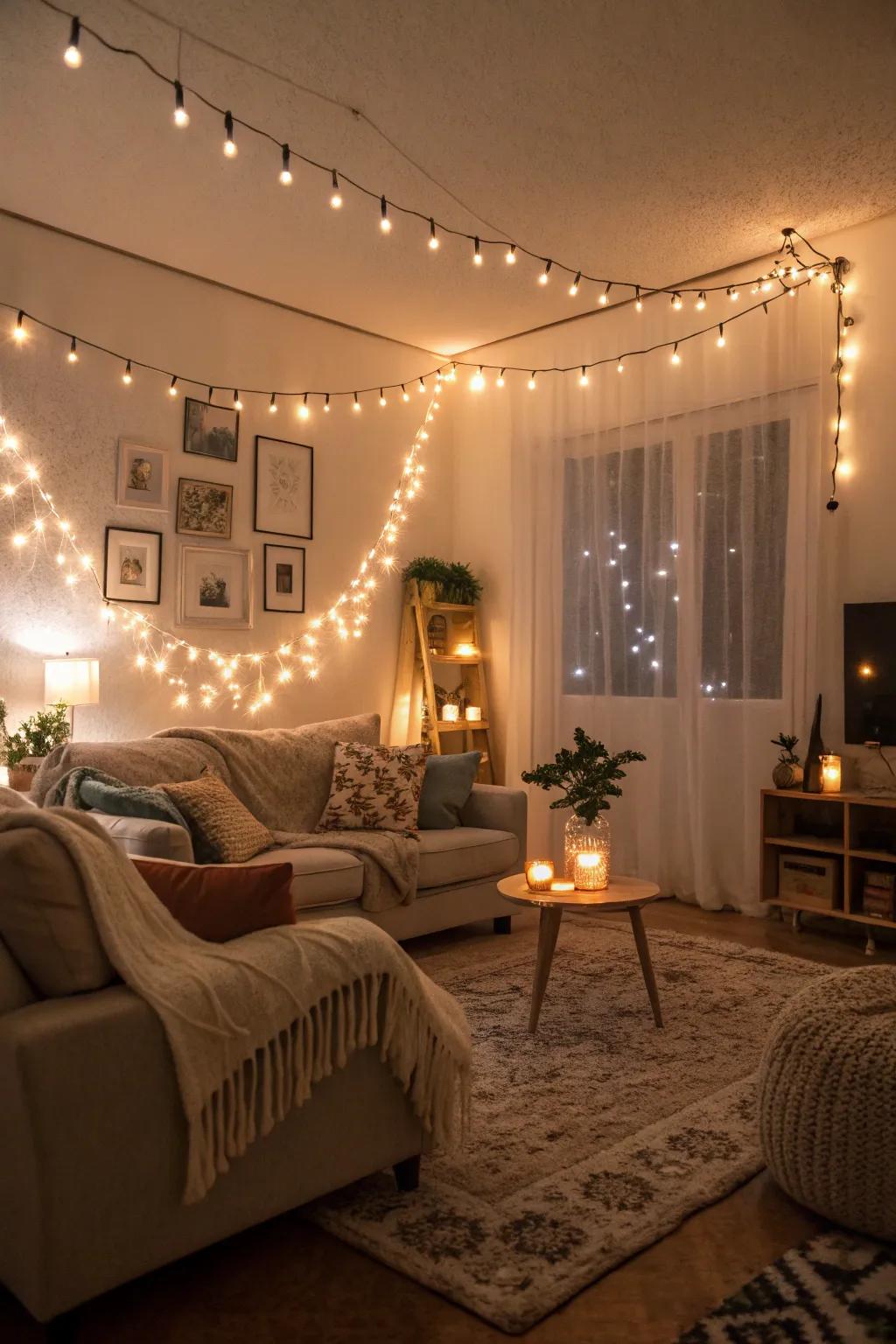 Delicate and warm illumination employing fairy lights that infuse a cozy radiance into a minimalist space.