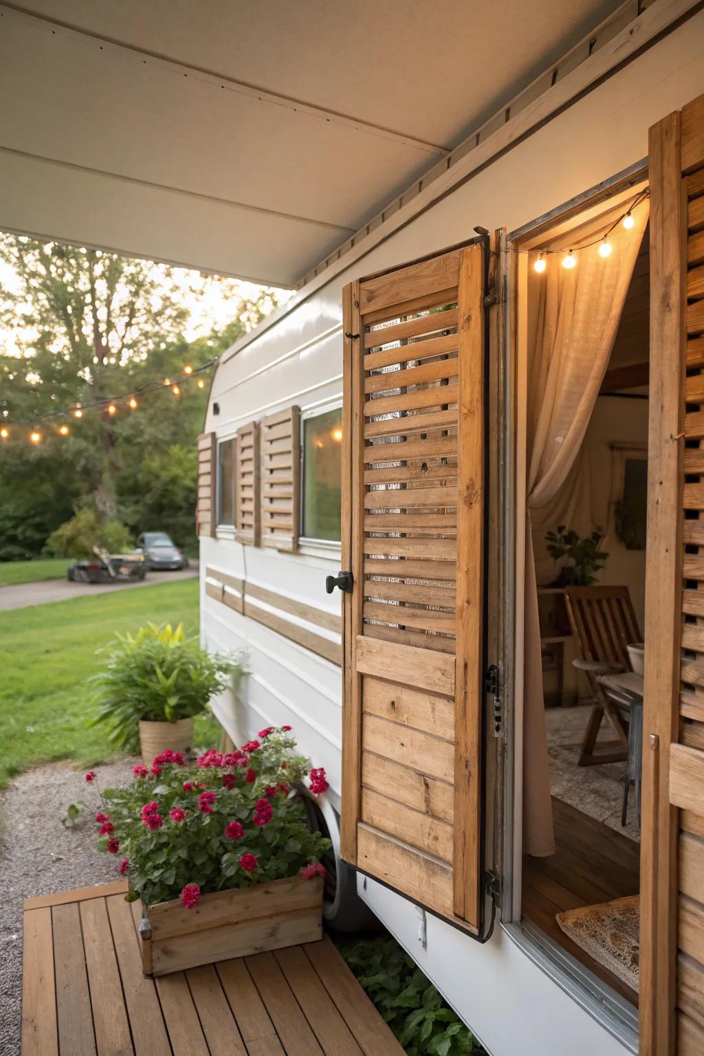 DIY pallet shutters providing a rustic feel to a mobile home.