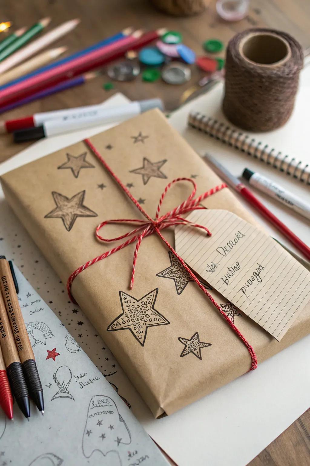 A personalized gift wrapped with hand-drawn elements, perfect for a heartfelt holiday surprise.