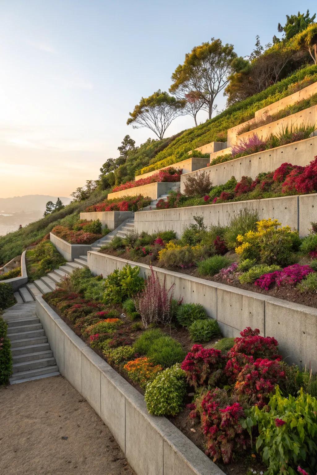 Terraced garden with concrete walls, maximizing space for planting.