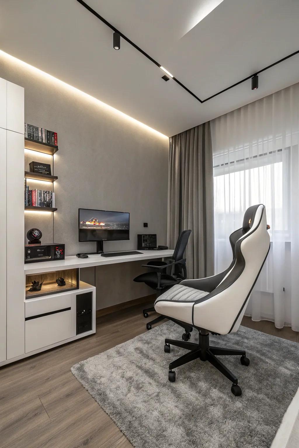 A minimalist gaming bedroom with sleek furniture and a futuristic design.