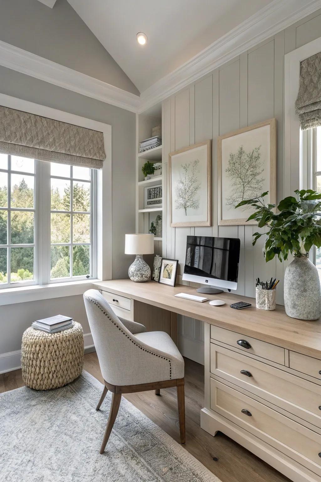 A calming neutral color scheme in a home office.