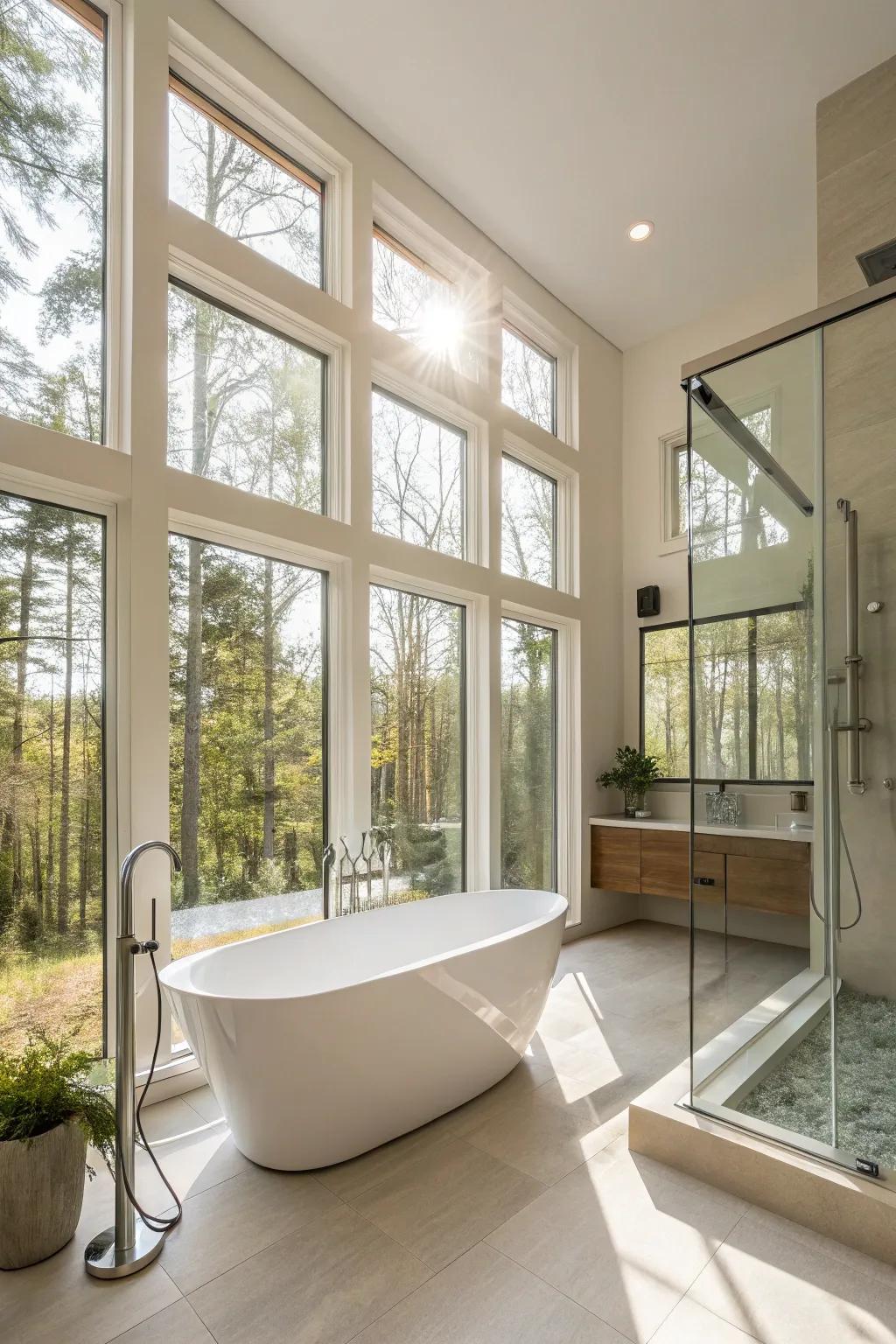 The spacious sensation of this bathroom is enhanced by sunlight.