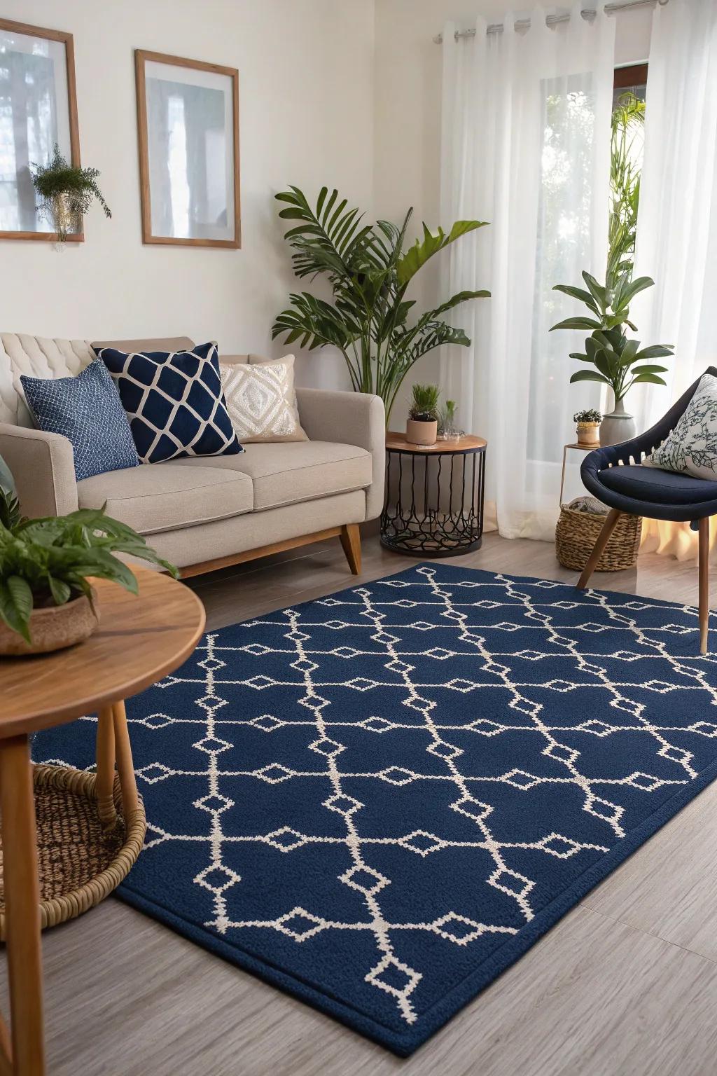 A patterned navy rug ties the room together beautifully.