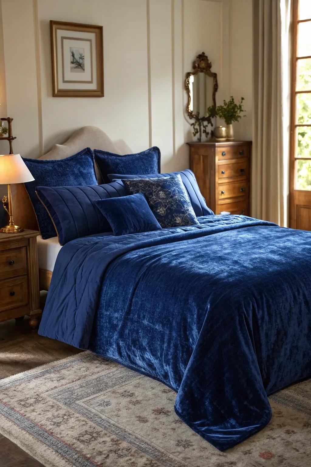 Royal blue velvet bedding adds a touch of luxury and comfort.