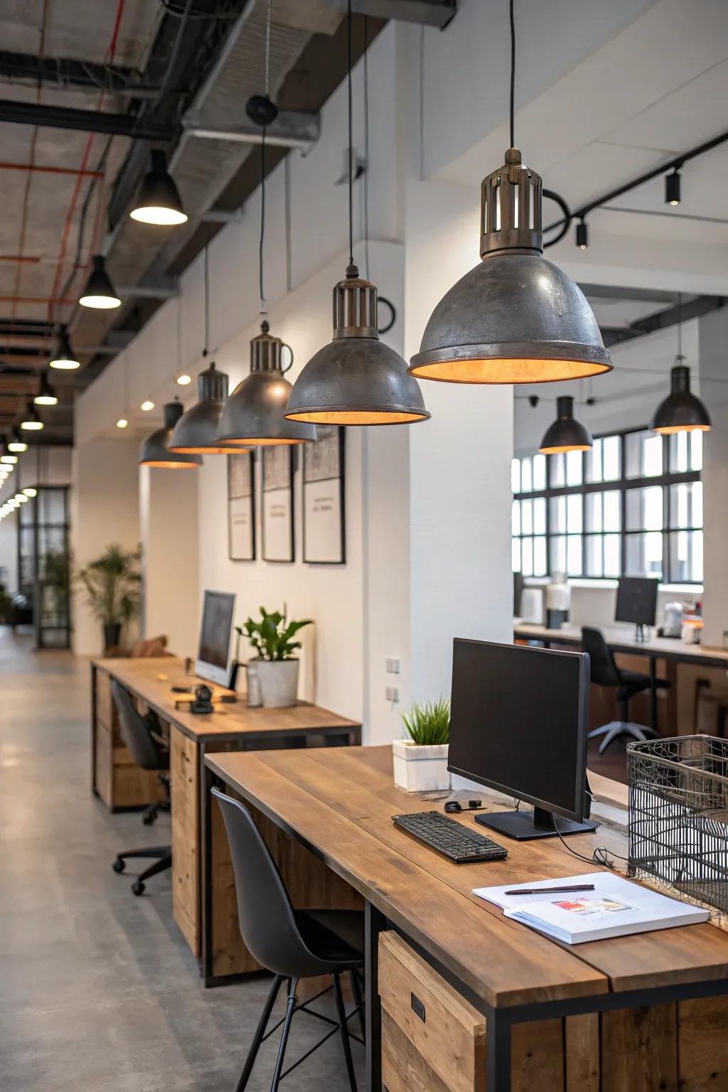 Industrial lighting brings a modern edge to rustic office design.