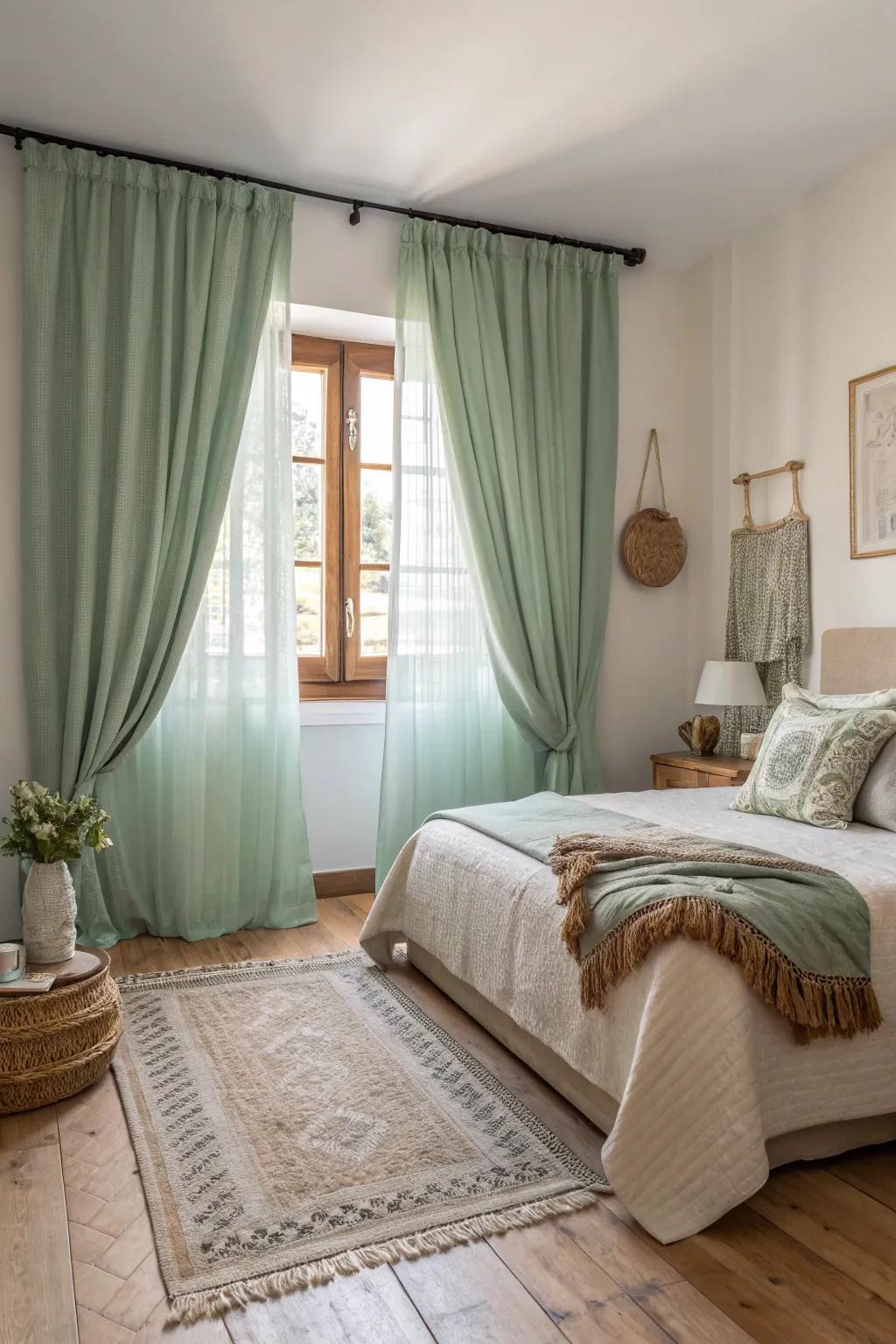 Sage green curtains frame windows beautifully, adding a touch of elegance.