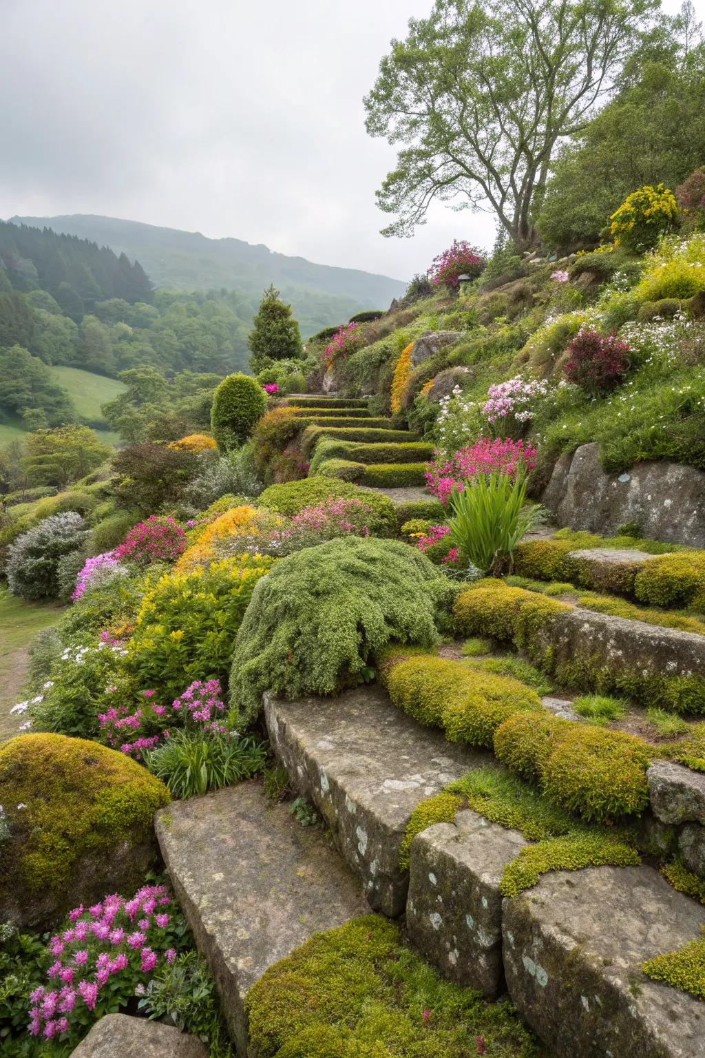 A multi-tiered garden highlights the allure of lichen stone tiers.