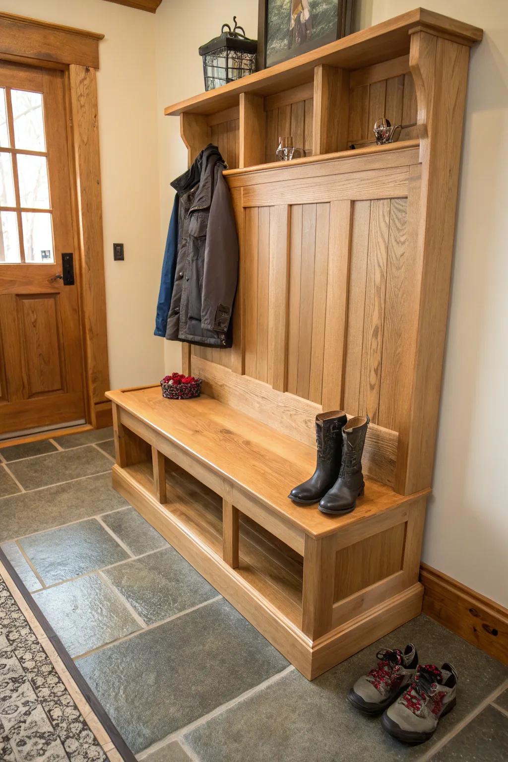 A mudroom bench showcasing the elegance of natural wood finishes.