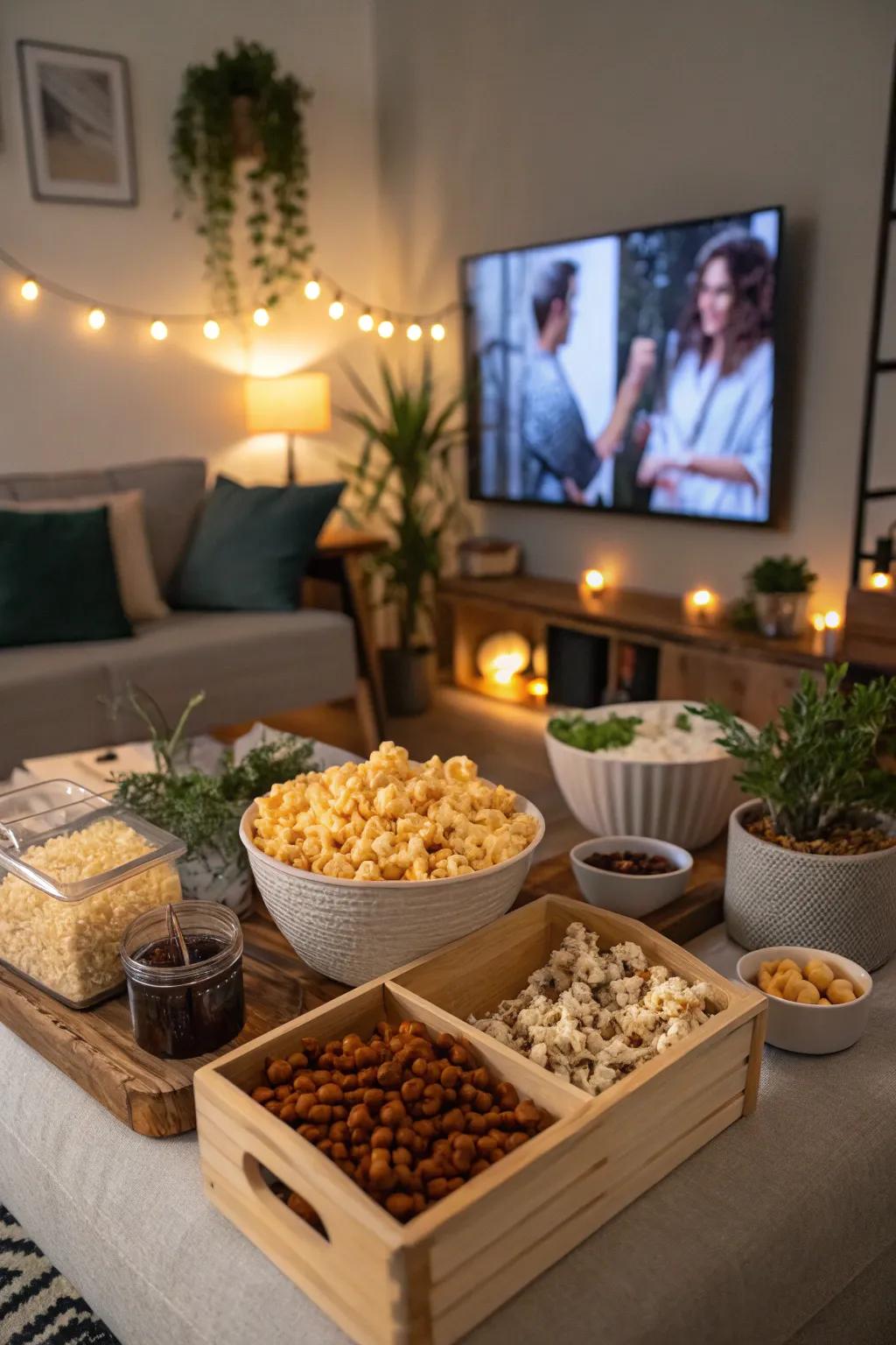 A popcorn bar ready for a fun movie night at home.