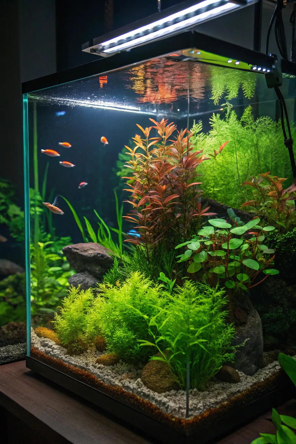 Lush live plants bring a natural vibrancy to this neon fish tank.