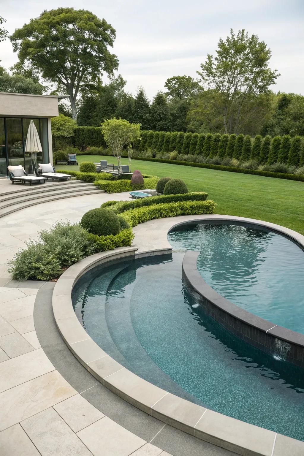 A creatively molded pool featuring curves, adding an artistic impression to the garden.
