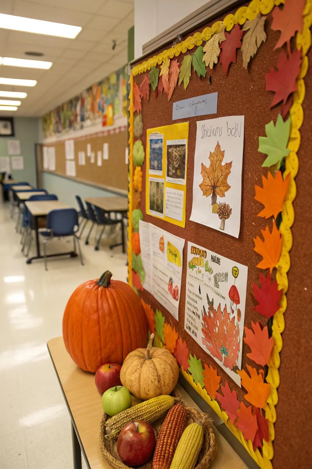 A harvest-themed bulletin board showcasing student work.