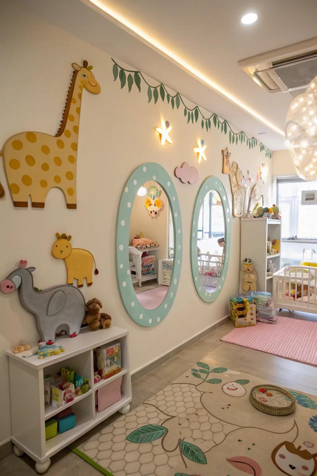 Animal-shaped mirrors bring a playful vibe to this nursery.