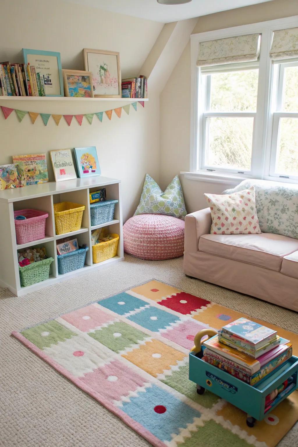 Rugs can effectively define different functional spaces in the nursery.