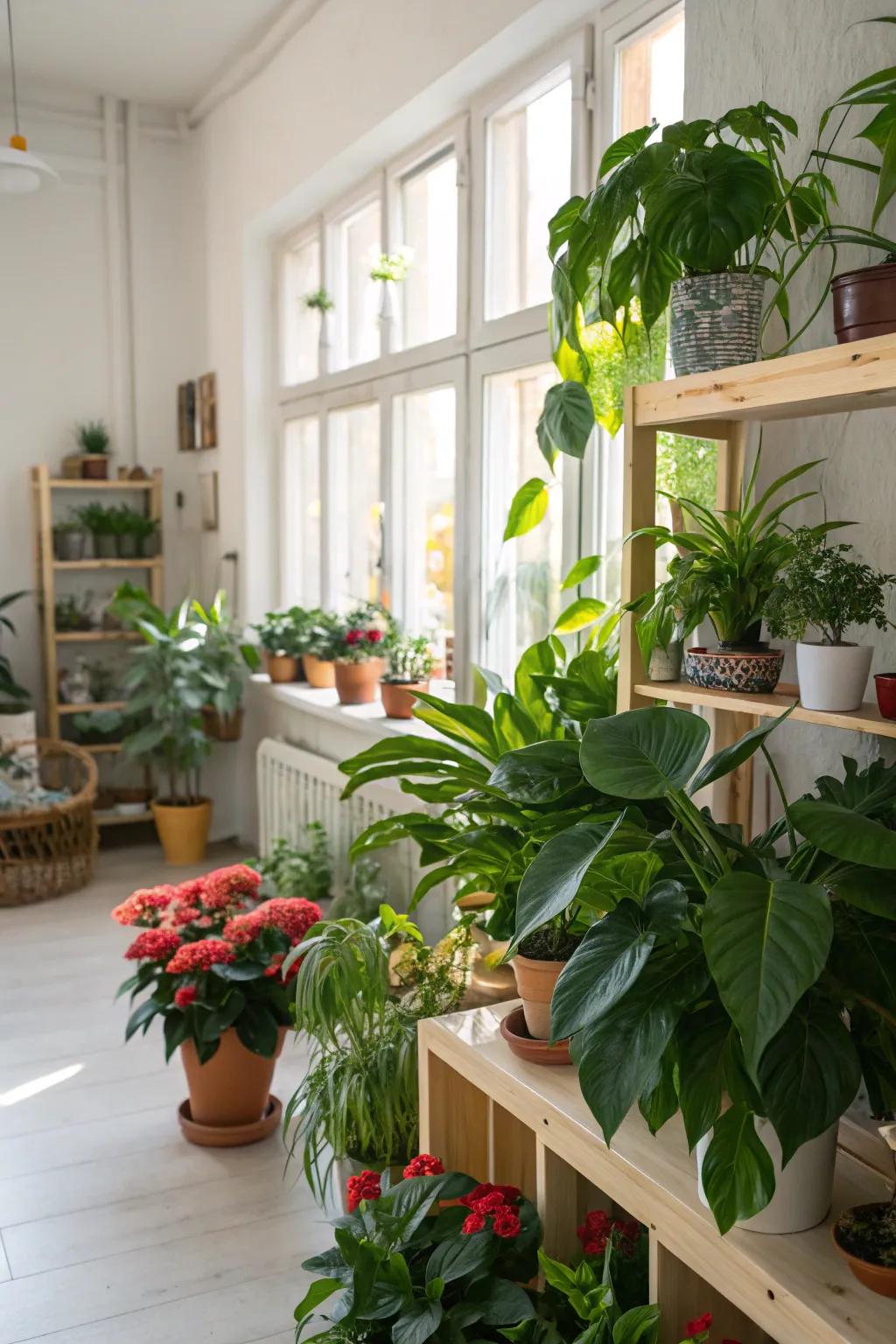 Greenery adds a refreshing touch to the room.