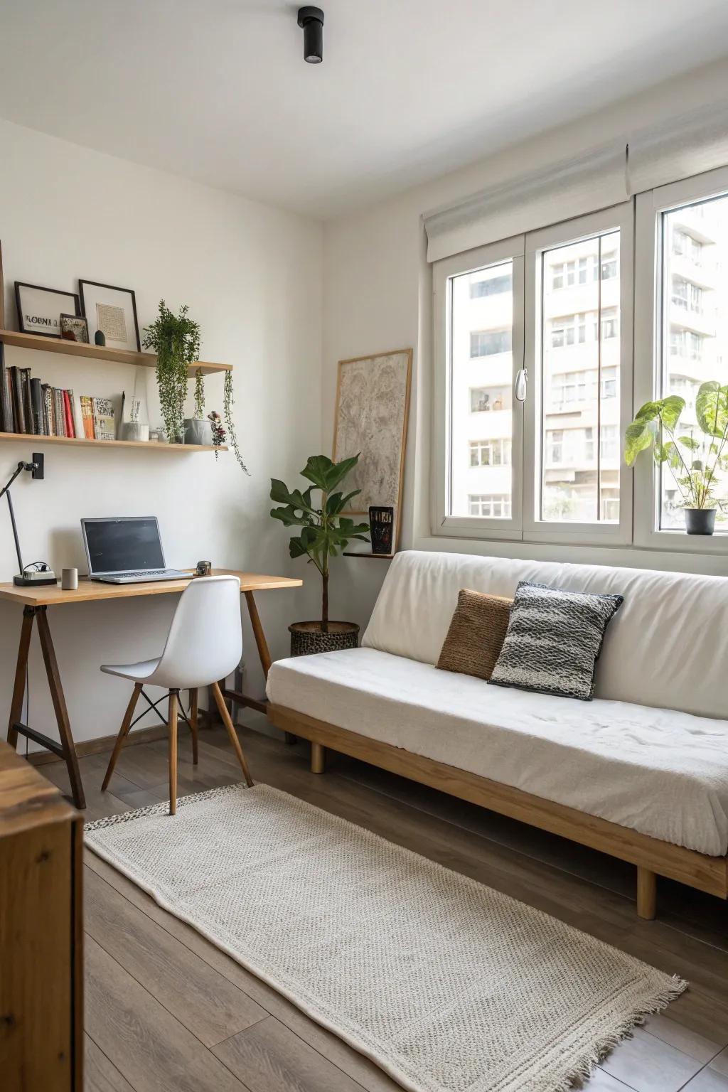 A minimalist home office with a streamlined convertible couch.