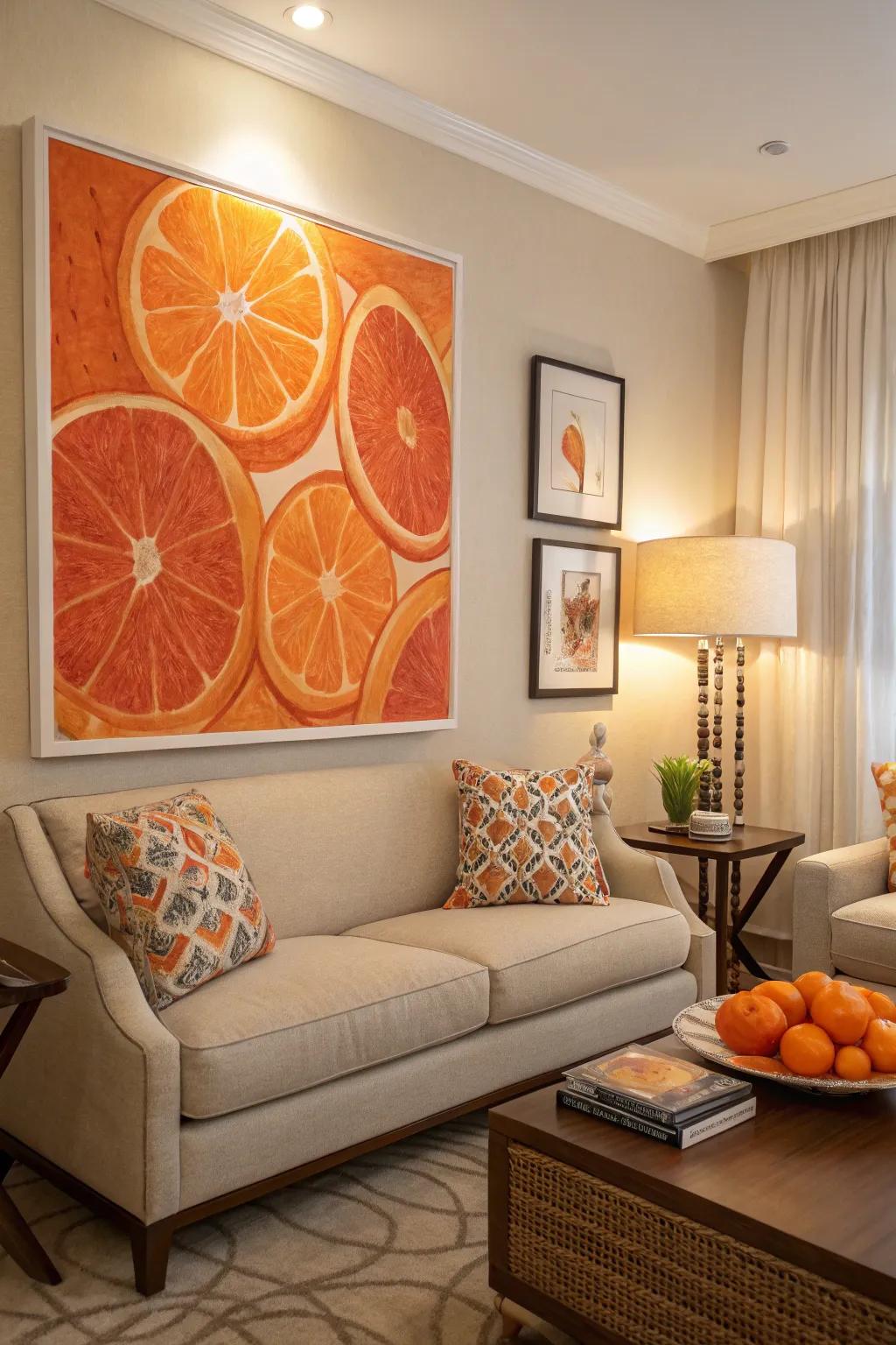 Orange-themed artwork ties the room's color palette together beautifully.