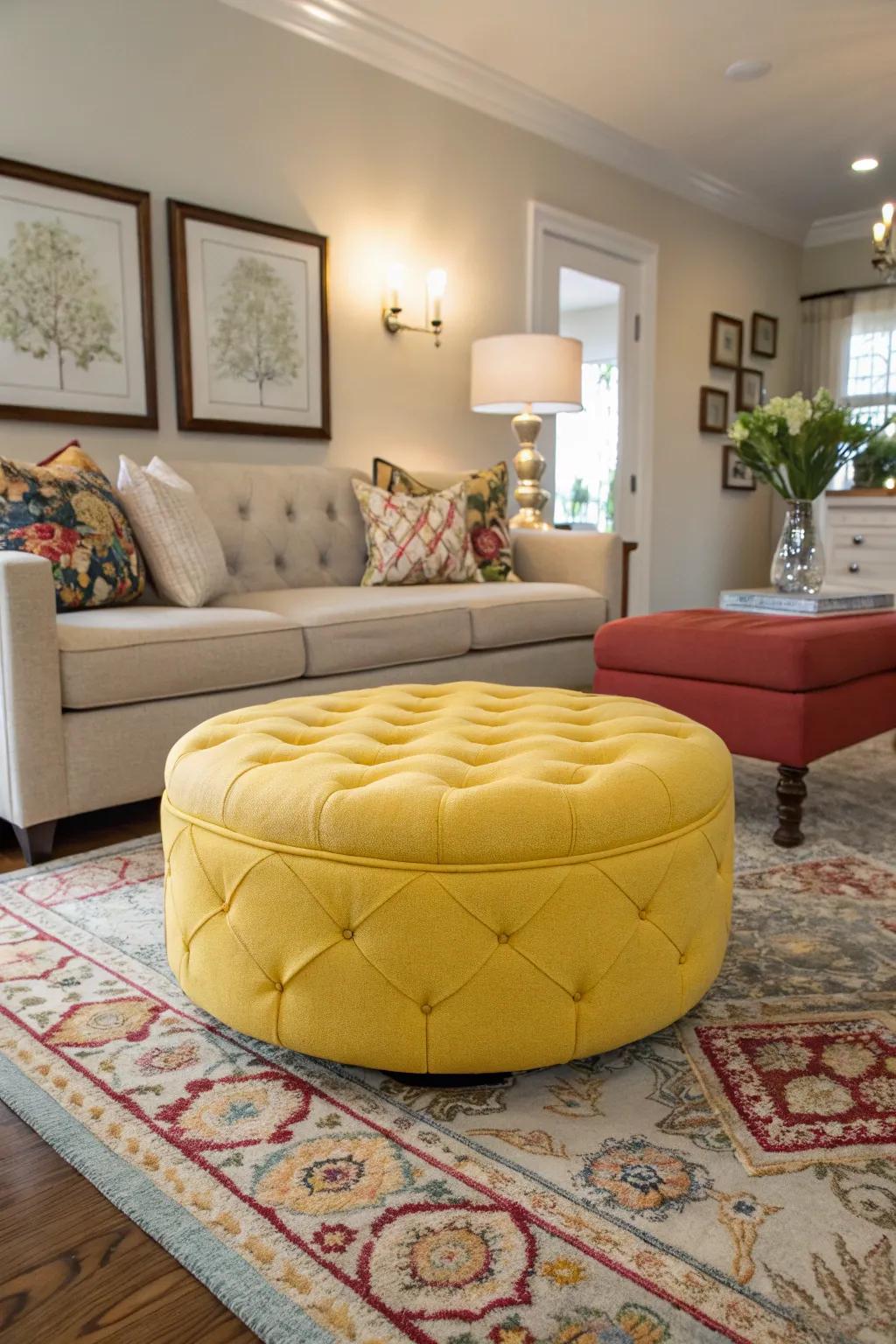 A colorful ottoman adding vibrancy to the space