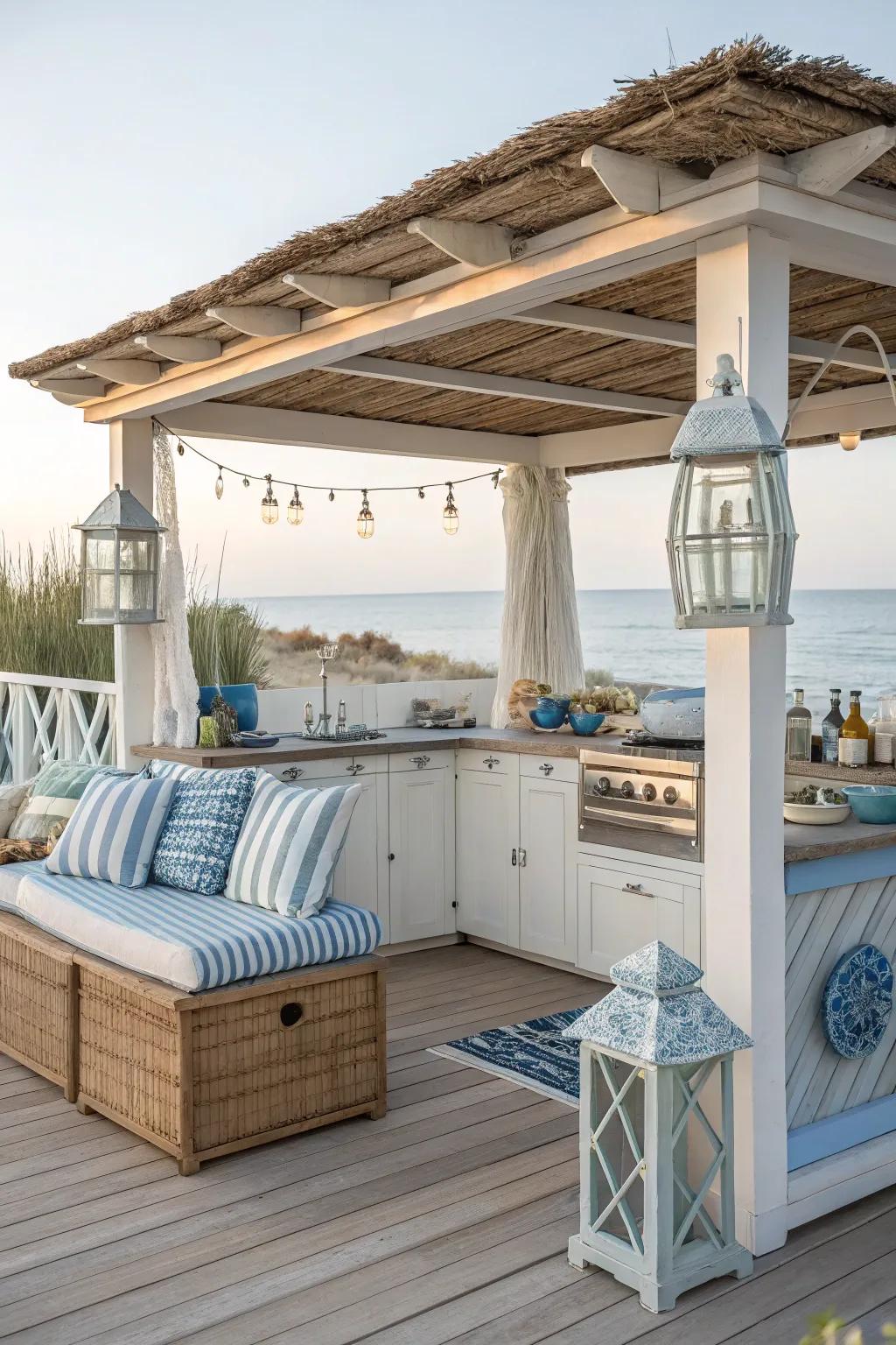 Feel the ocean breeze with a coastal retreat outdoor kitchen gazebo.