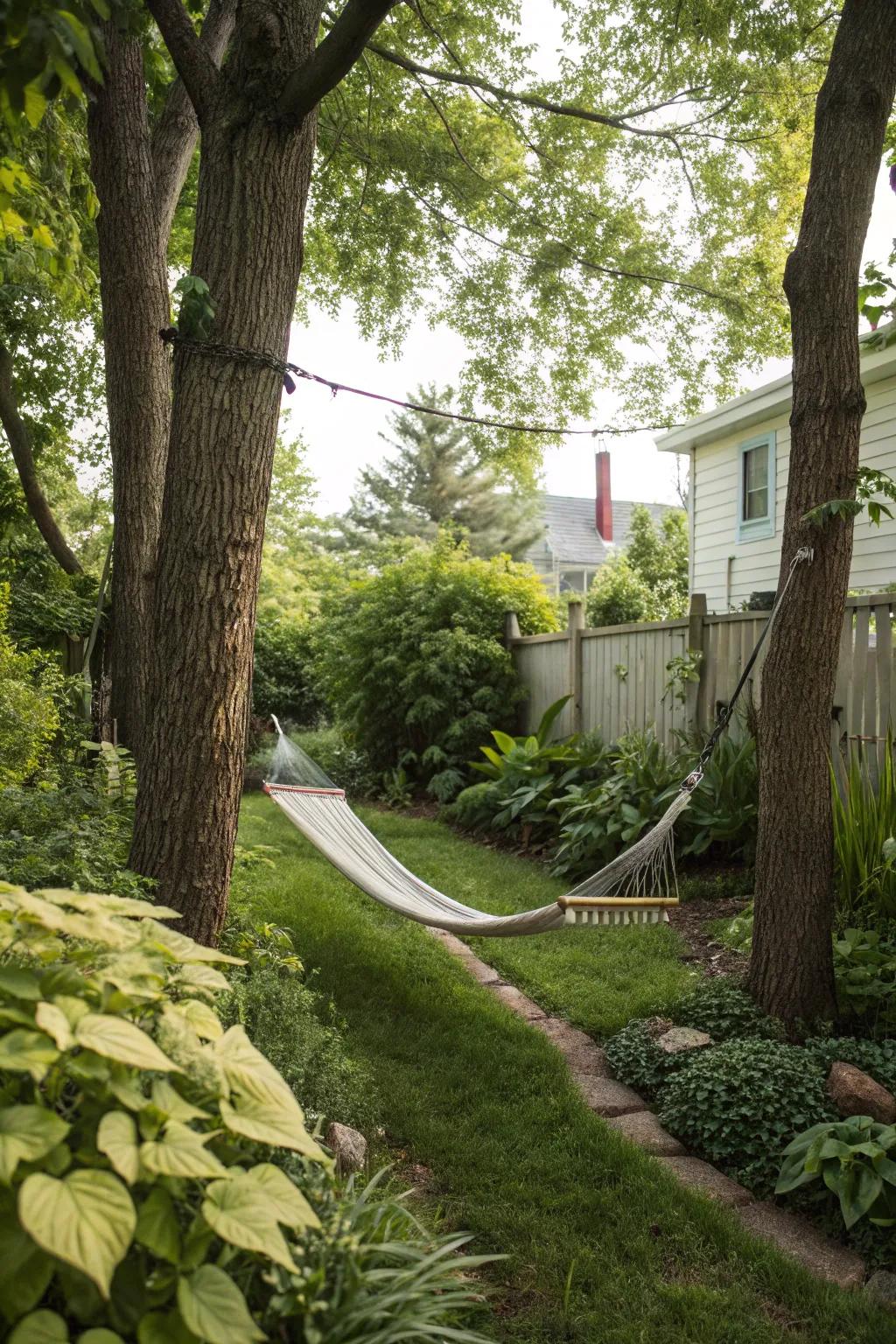 A hammock invites you to unwind and enjoy the serenity of your backyard.