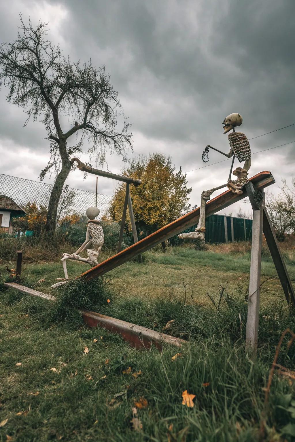 Skeletons enjoying a playful day on the seesaw.