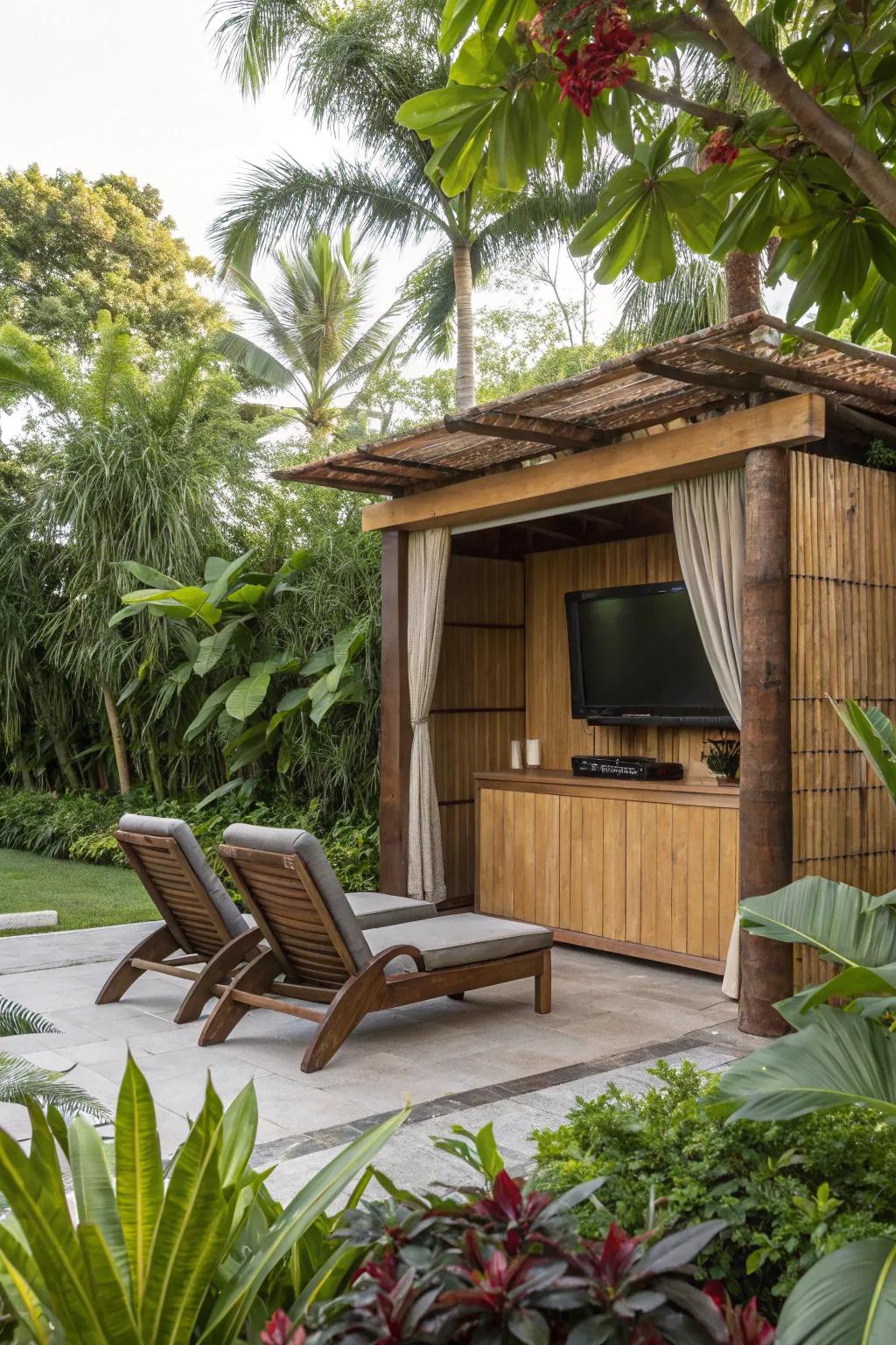 Bring the tropics home with a bamboo-accented TV enclosure.