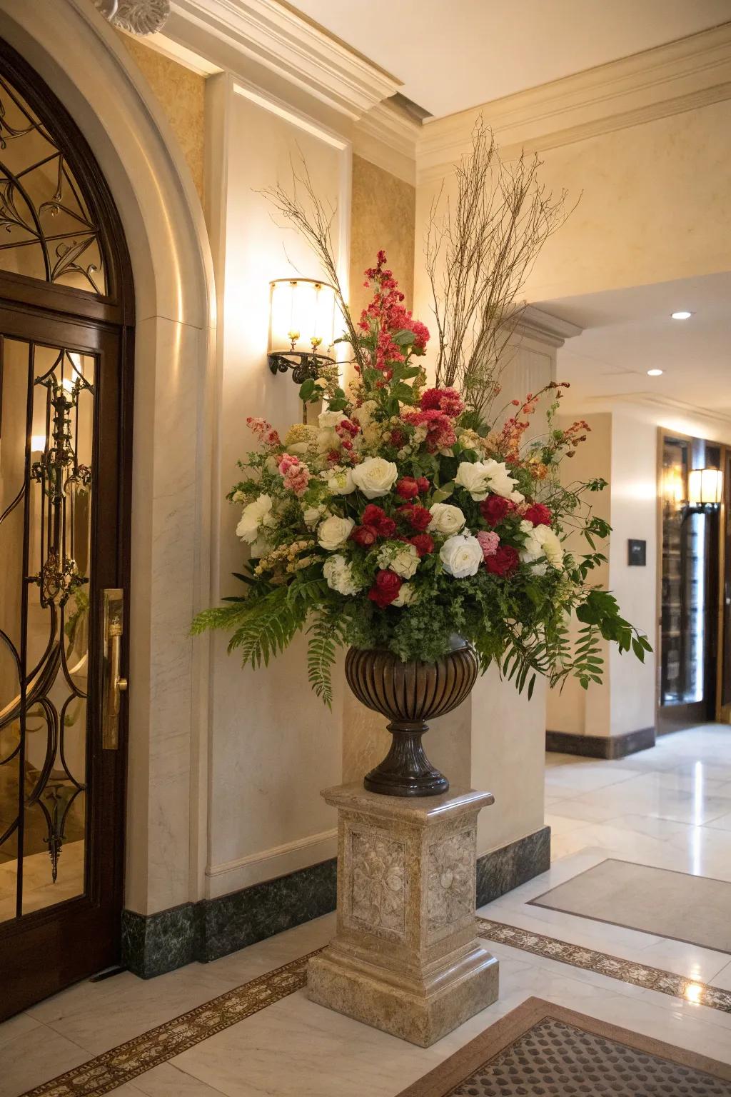 A sophisticated floral arrangement adds elegance and color to your entryway.