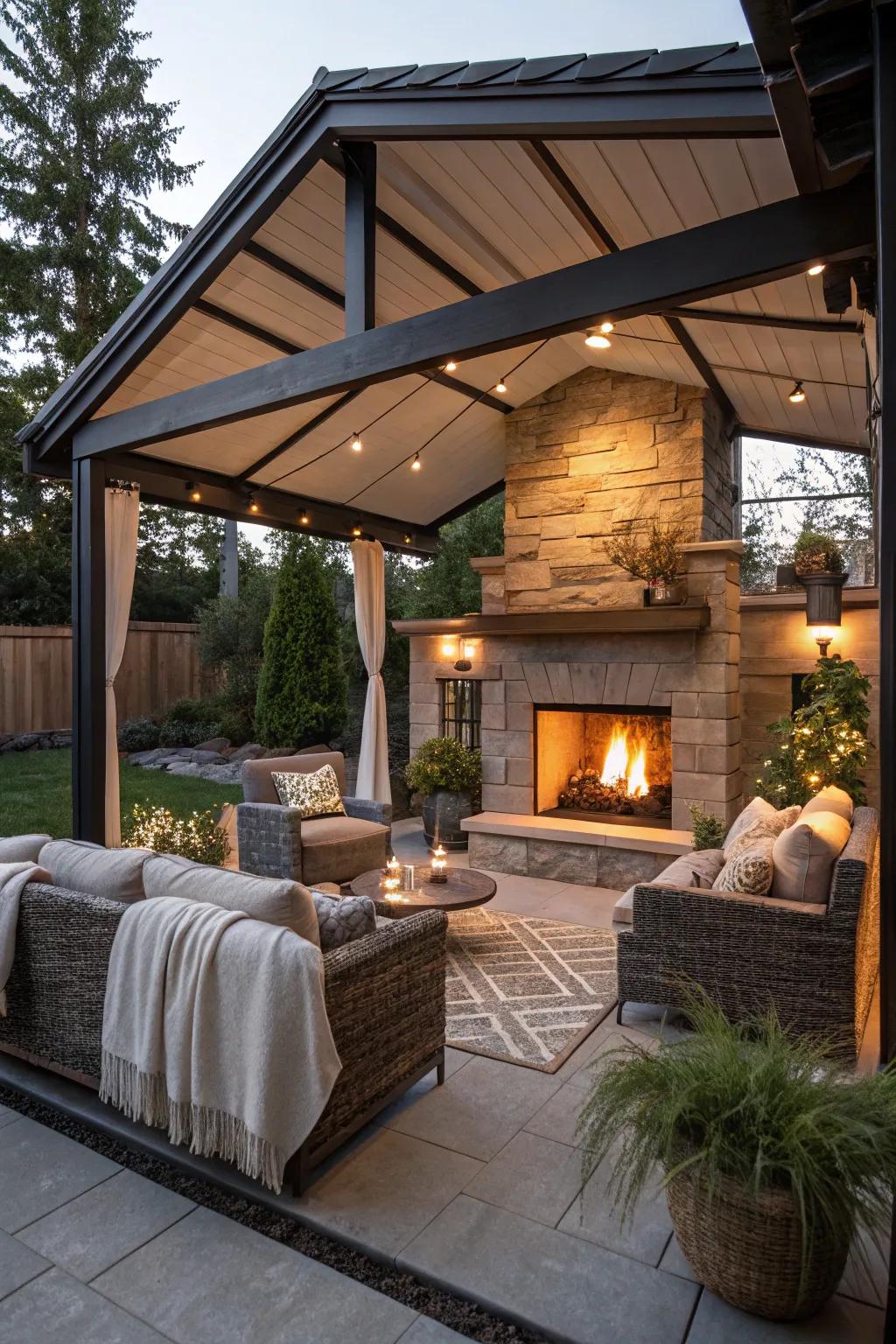 A fireplace adds warmth and charm to your patio space.