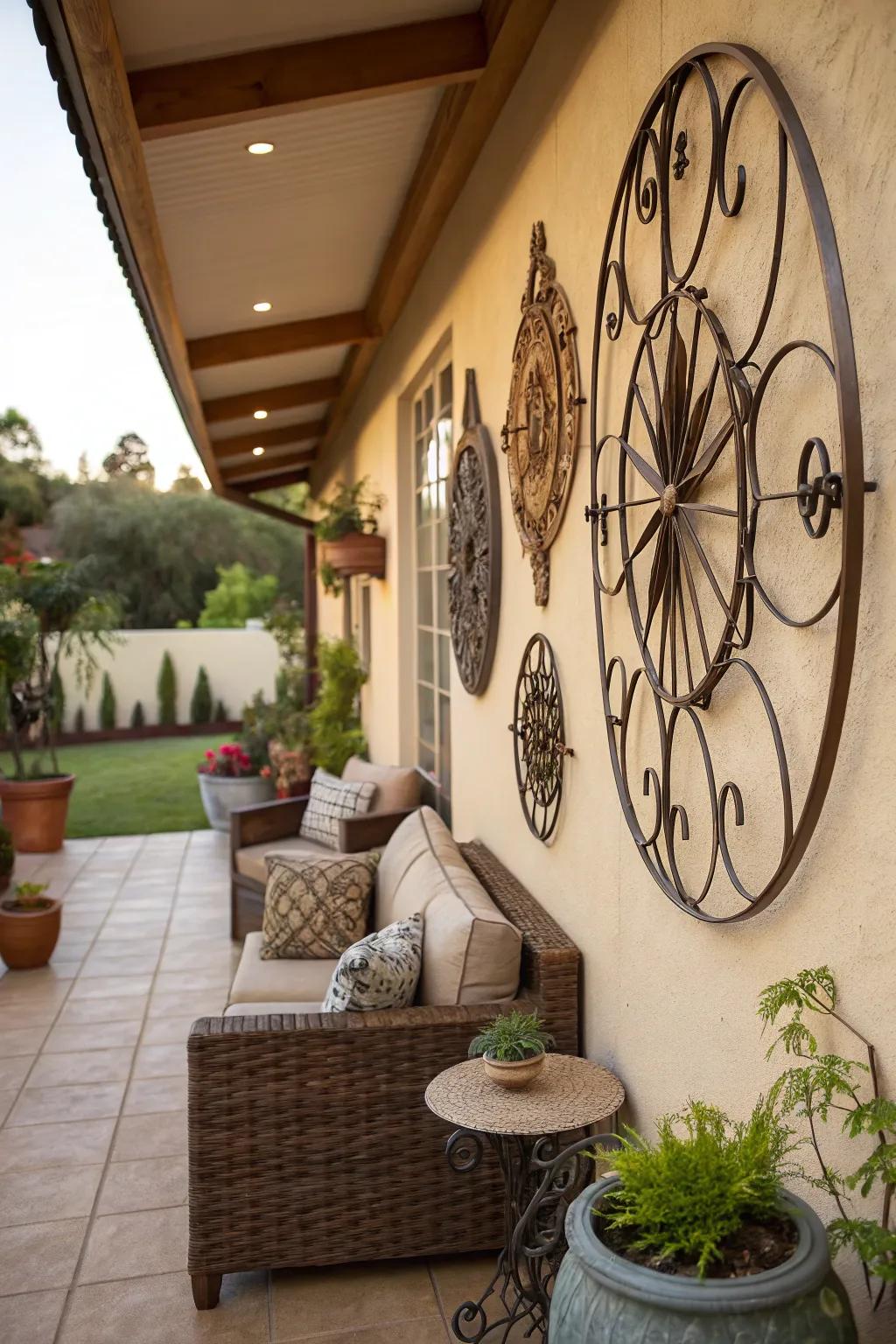 Modern metal art adds a bold statement to the patio wall.