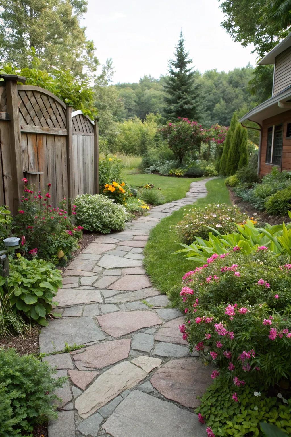 A natural flagstone walkway blending with garden greenery.