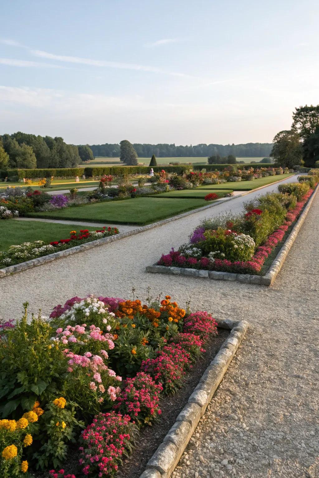 Elegant garden borders with pea gravel.