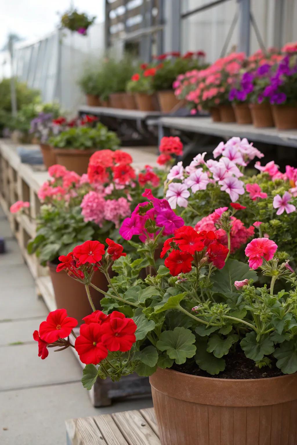 Geraniums and petunias create a dynamic duo in any container garden.