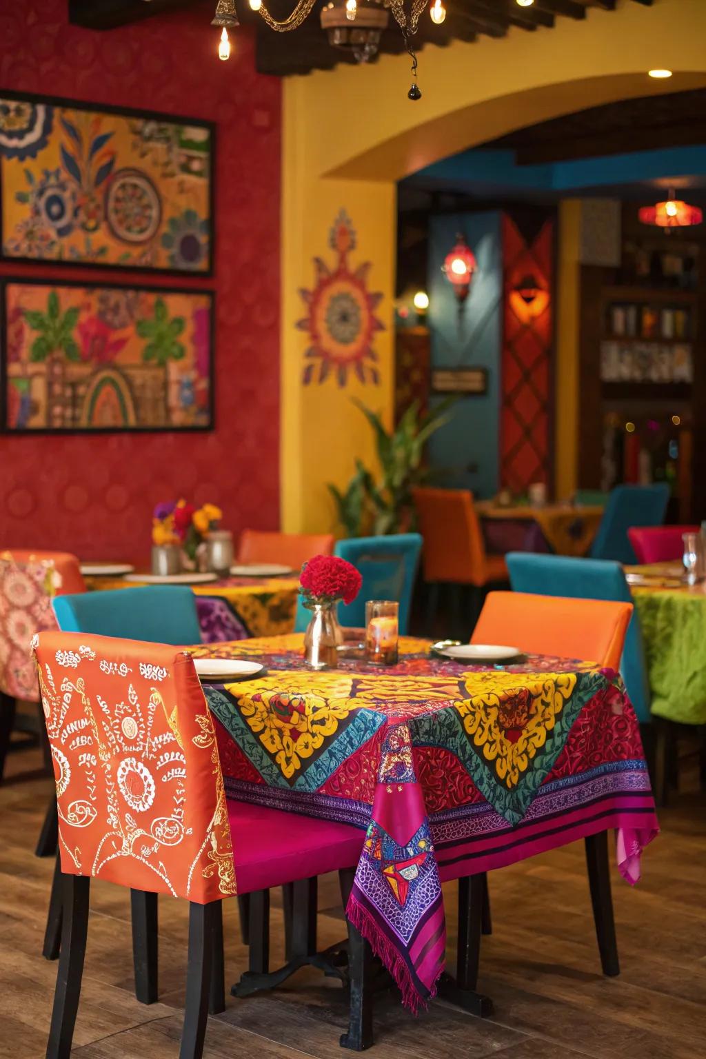 A high-contrast color print energizing a vibrant dining area.