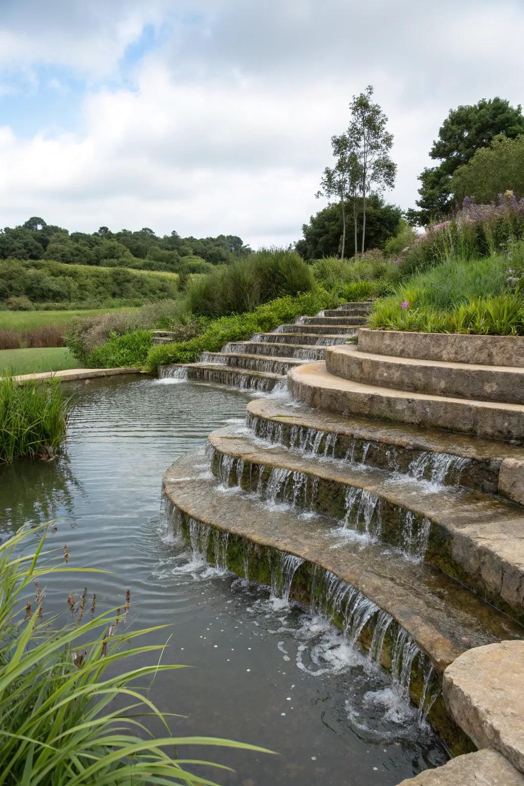 Layered terraces add dimension and interest to your pond stream.