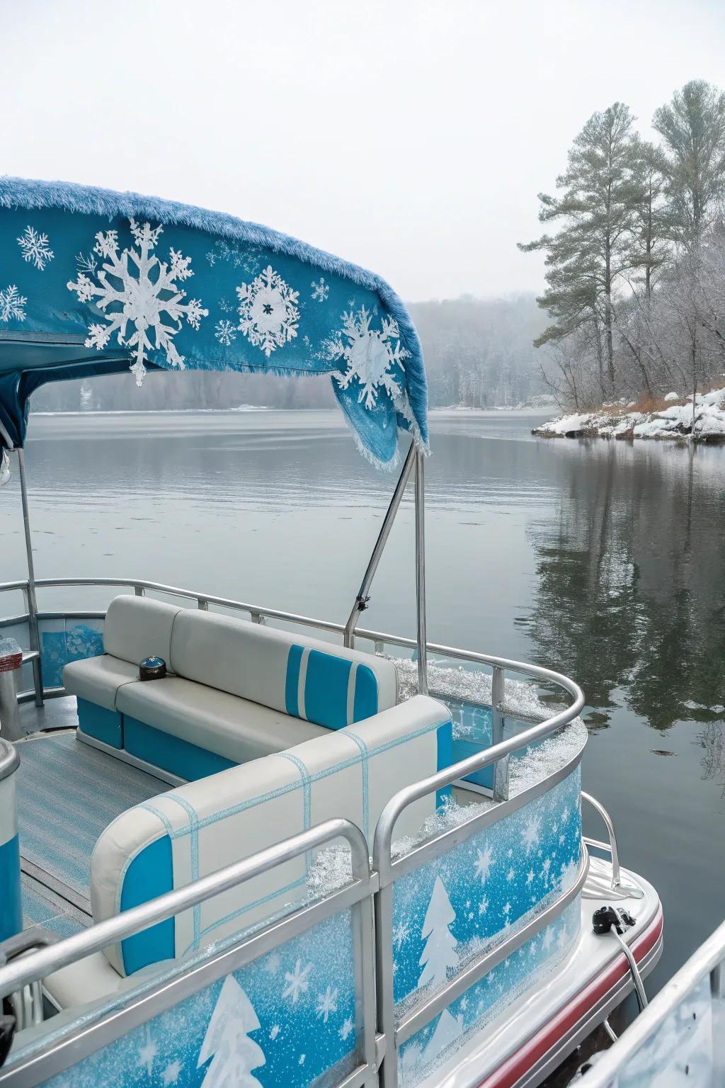 A winter wonderland-themed pontoon boat with shimmering snowflakes.