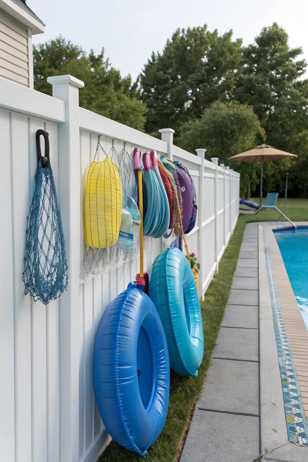 Fence with hooks and nets for easy pool float storage.