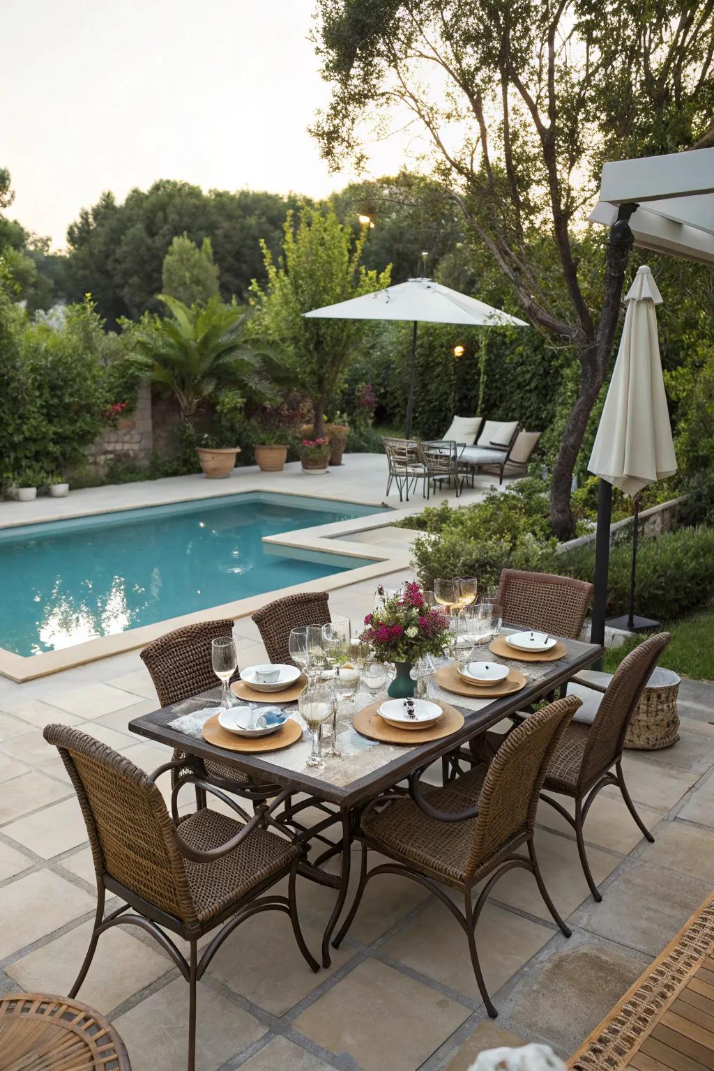 An outdoor dining area by the pool is perfect for summer evenings.