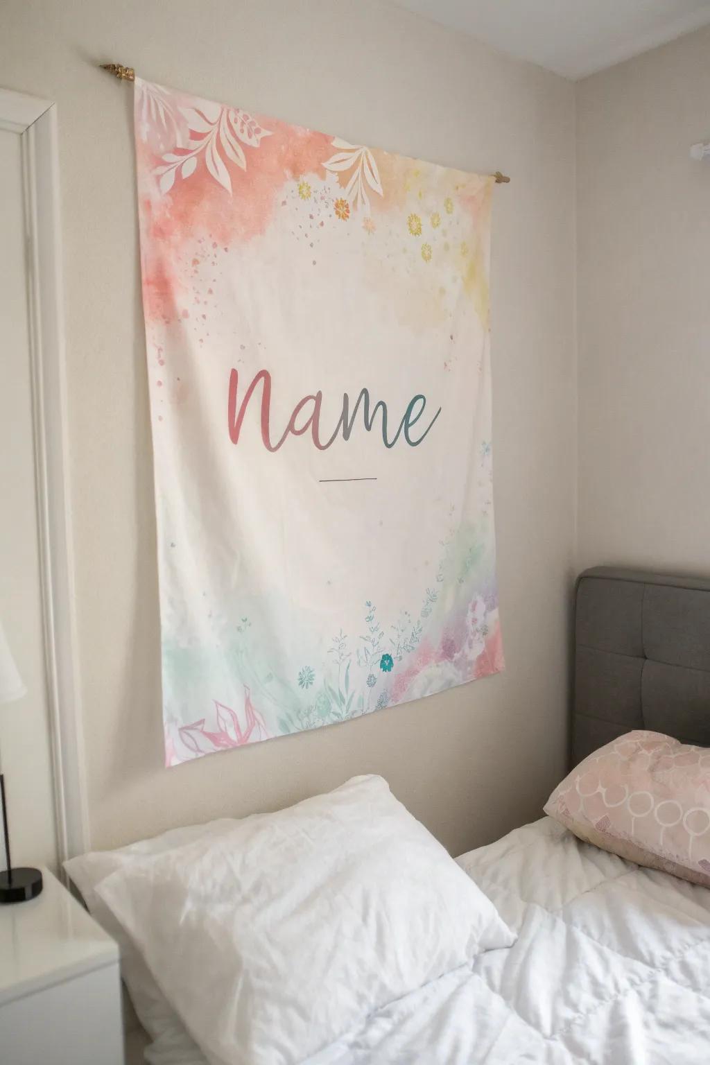 A dreamy watercolor name poster adding calmness to a bedroom.