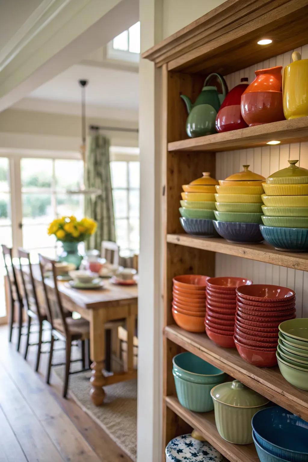 A color-coordinated pottery display generating a rainbow effect.