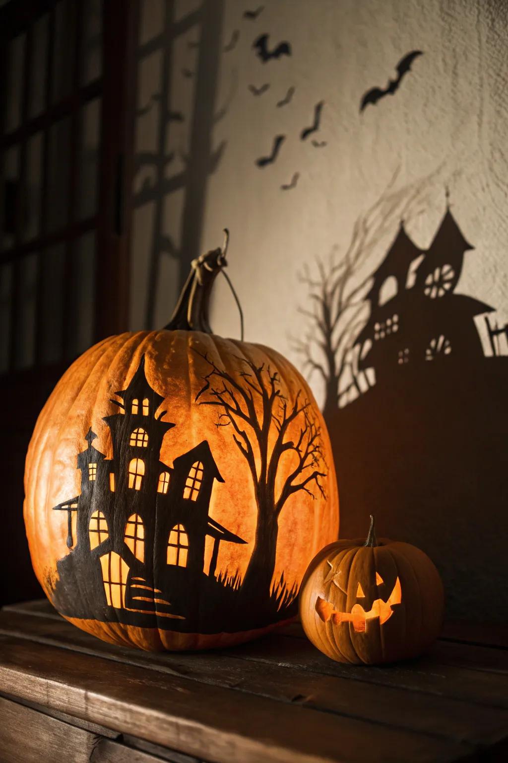 Spooky silhouette pumpkin casting eerie shadows.