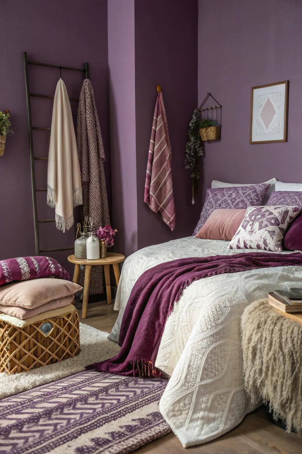 Detailed fabrics adding depth to a violet themed sleeping space.